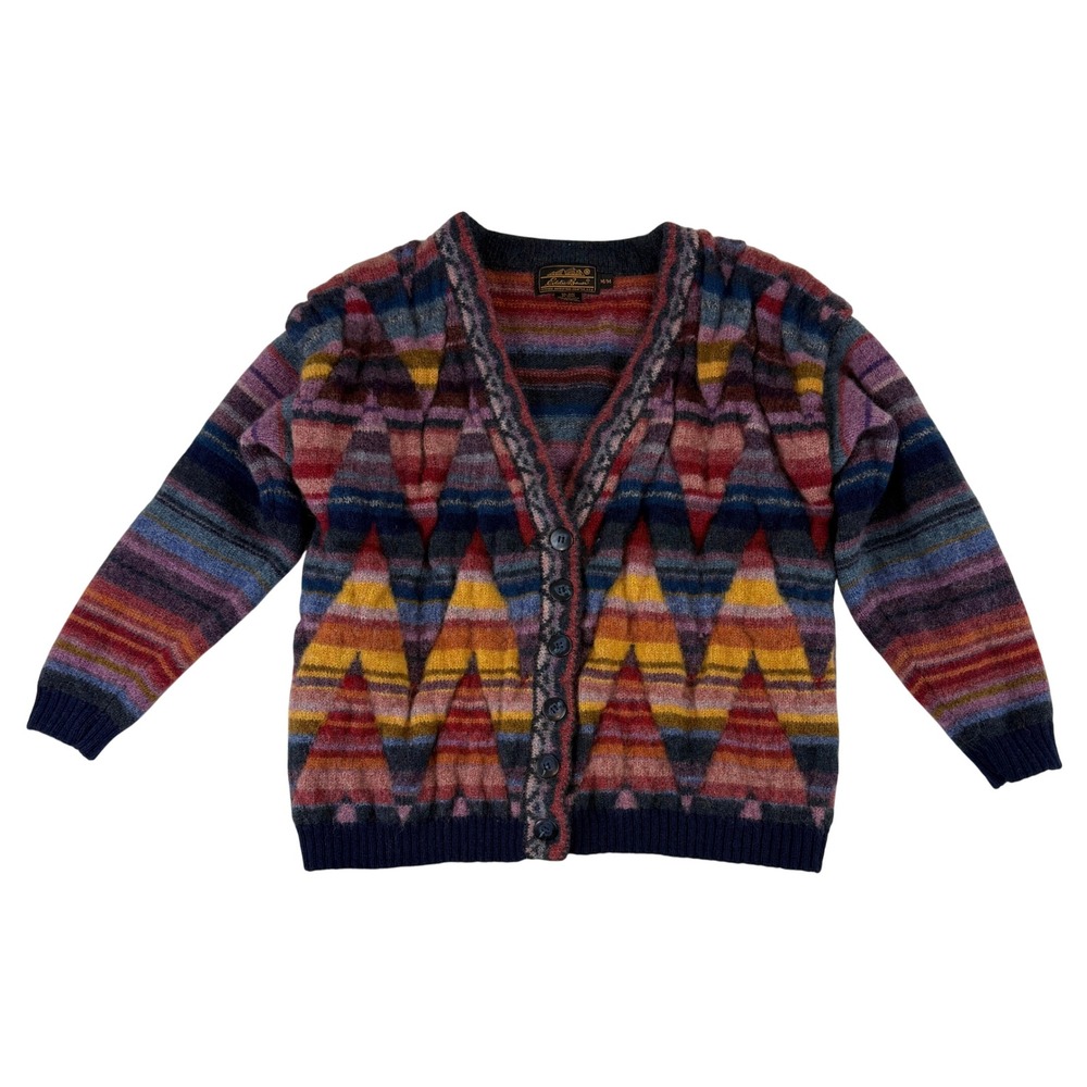 Eddie Bauer Cardigan Womens Medium Multi-Color Wool Vintage Fair Isle Geometric